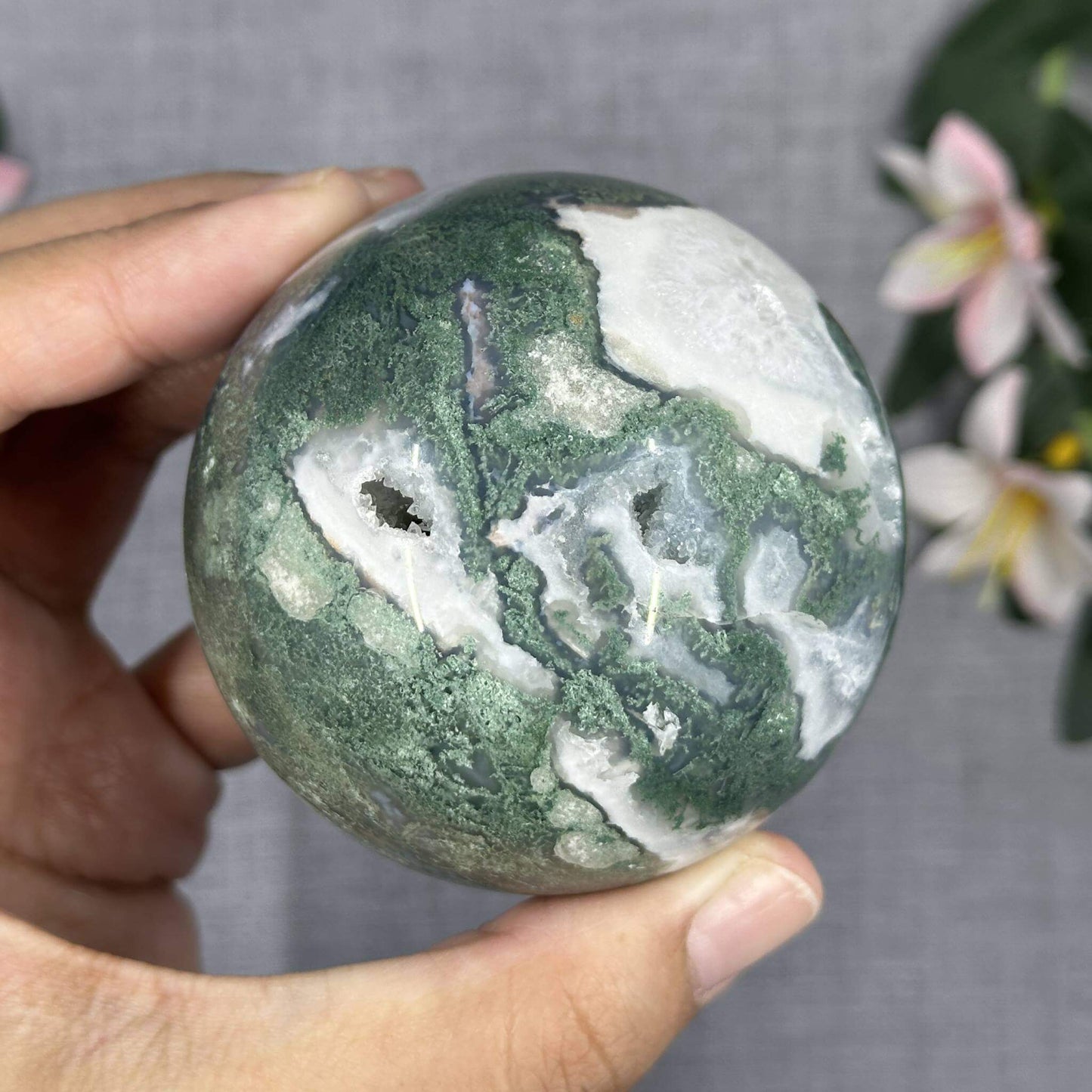 Druzy Moss Agate Crystal Sphere 68.3mm - Itsy's Crystal Cove LLC