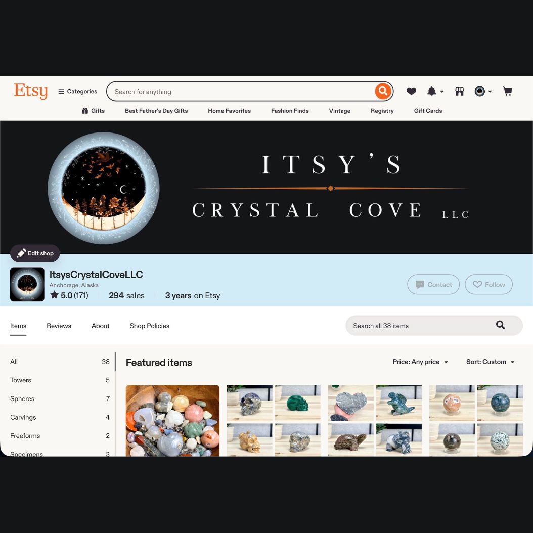 Etsy shop page for 'Itsys Crystal Cove LLC' with crystal products displayed.