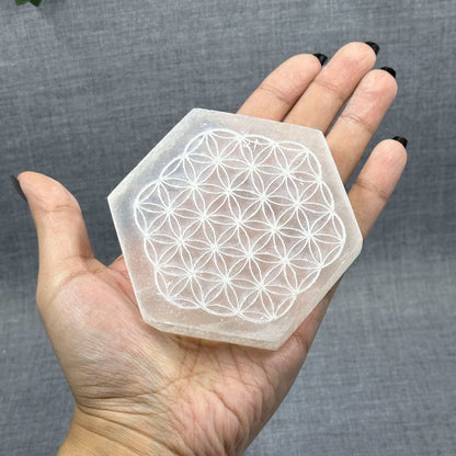 Satin Spar Flower Of Life Charging Plate - Itsy's Crystal Cove LLC