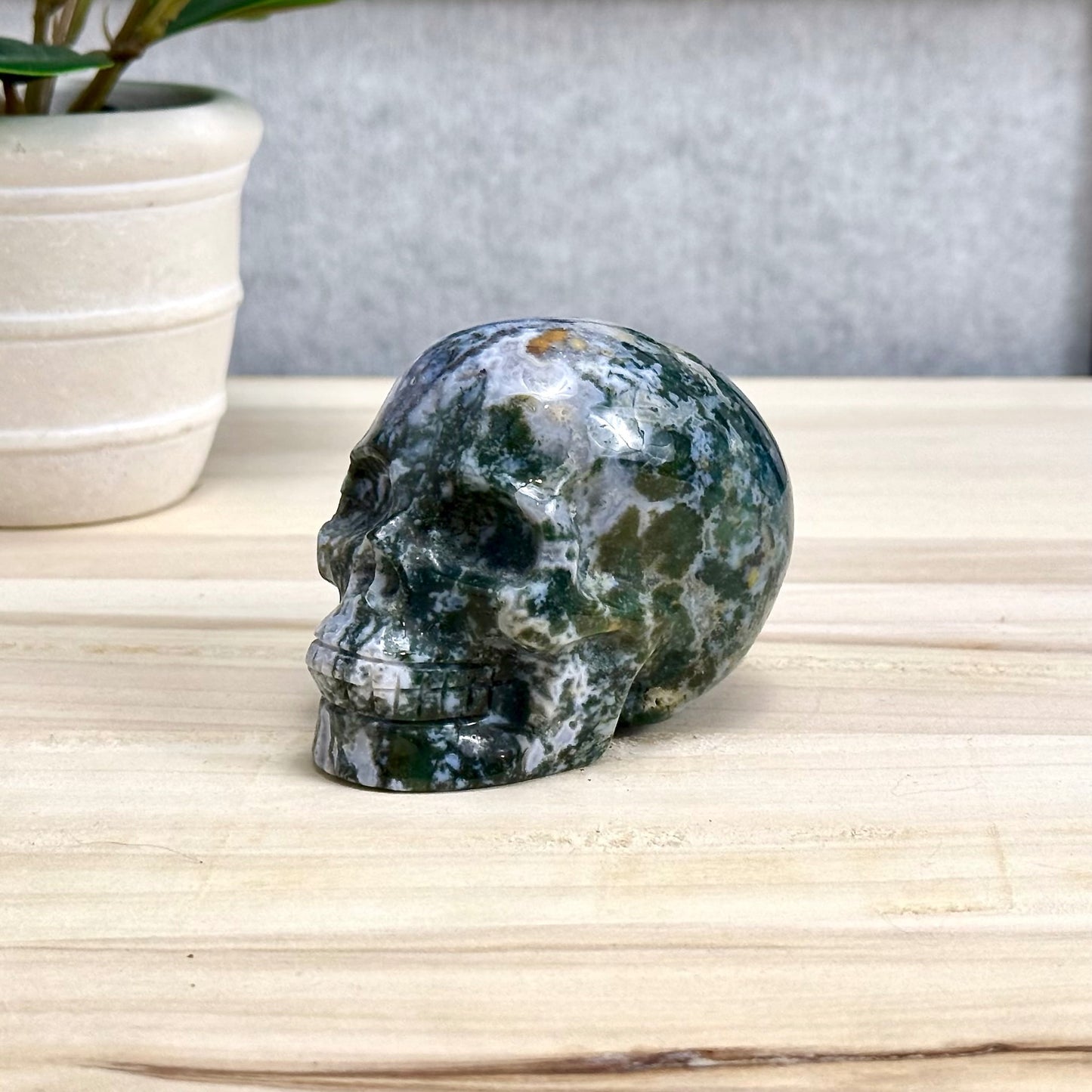 Moss Agate Skull Carving, 12.6 oz.