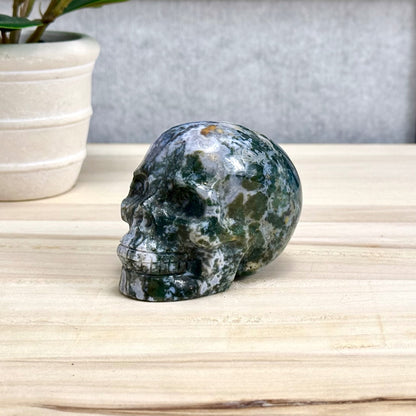 Moss Agate Skull Carving, 12.6 oz.