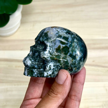 Moss Agate Skull Carving, 12.6 oz.