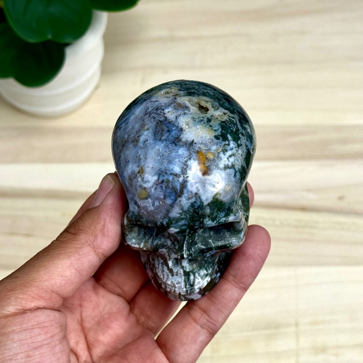 Moss Agate Skull Carving, 12.6 oz.
