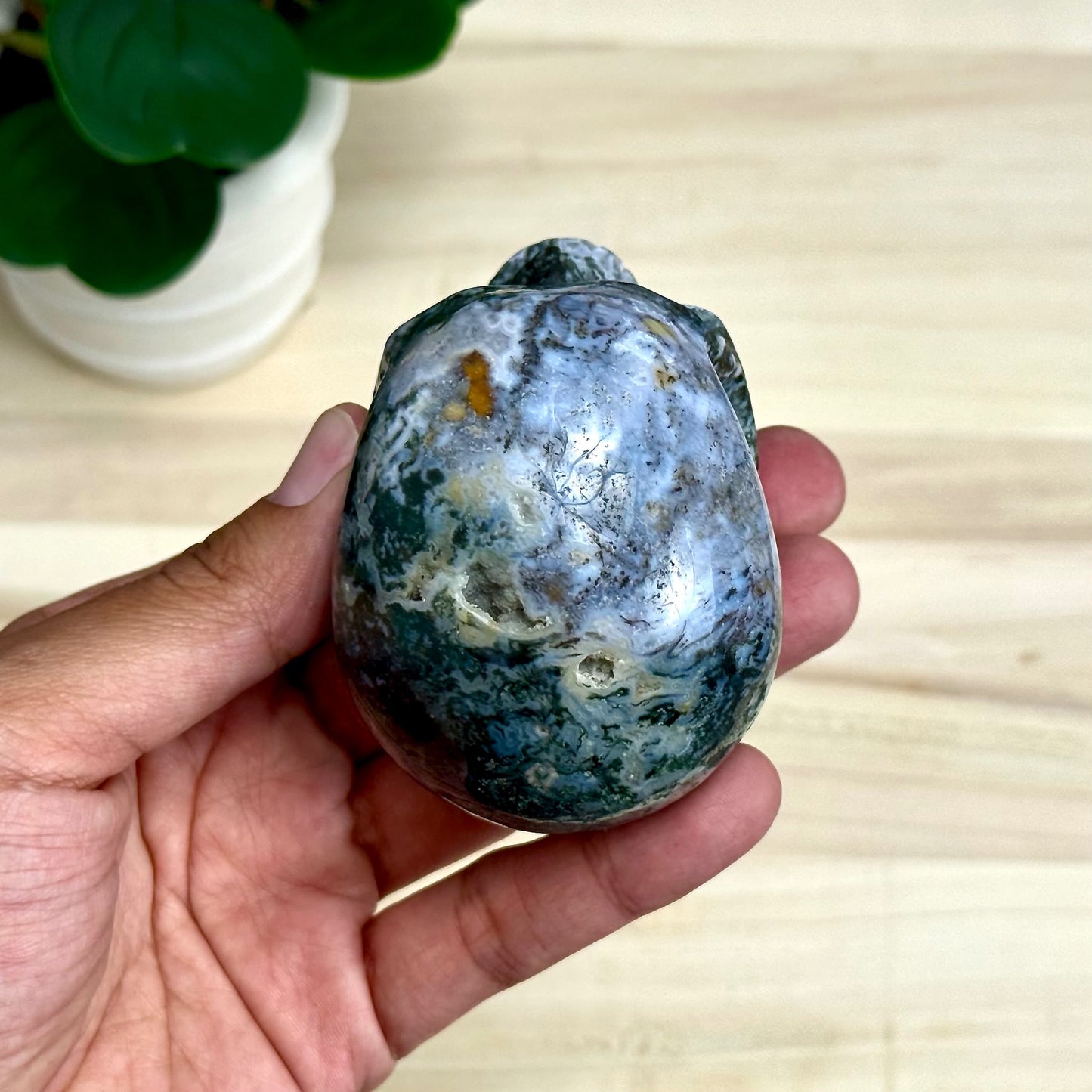 Moss Agate Skull Carving, 12.6 oz.