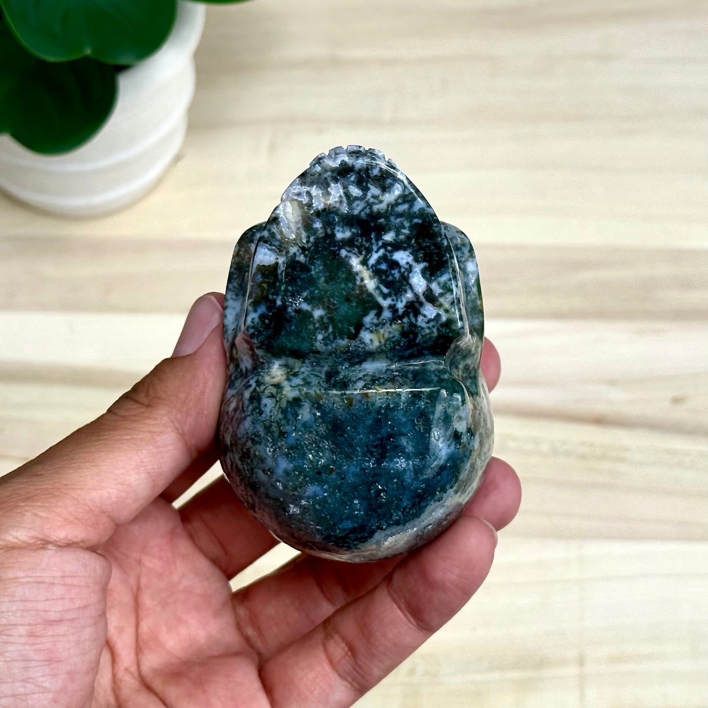 Moss Agate Skull Carving, 12.6 oz.