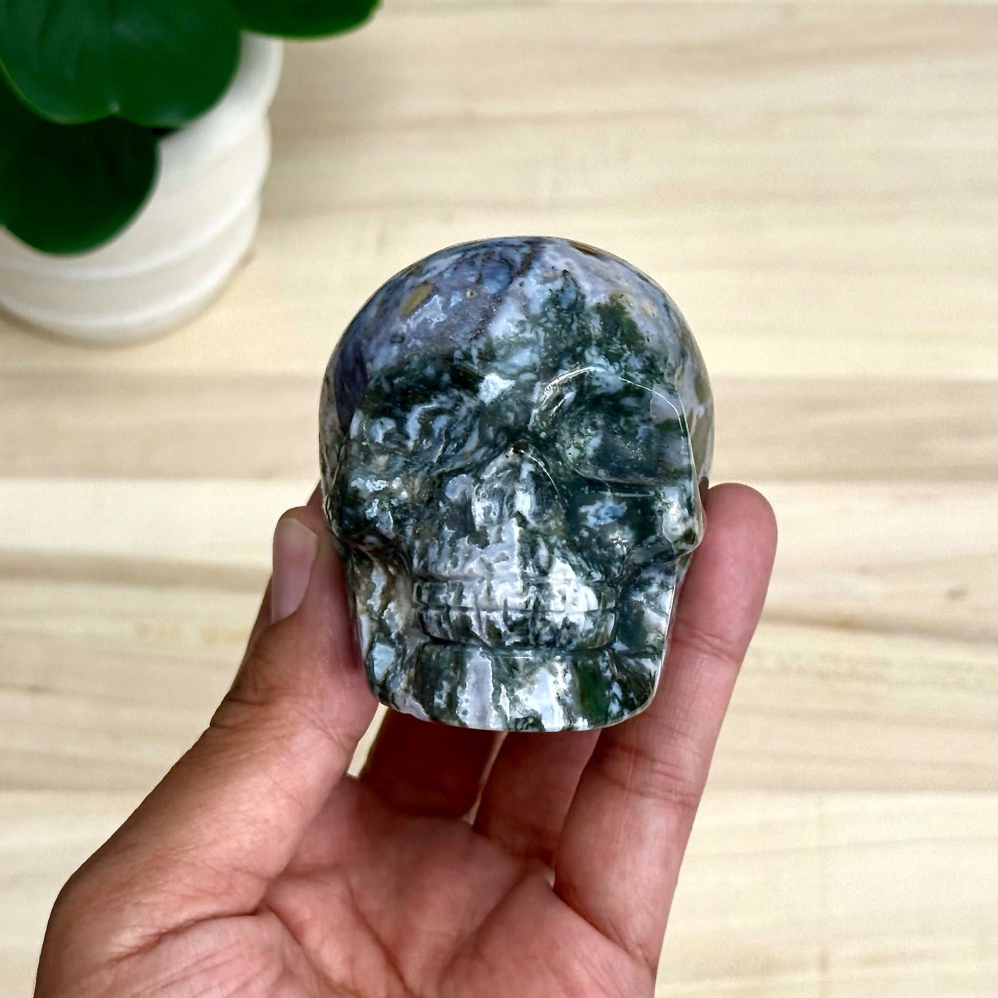 Moss Agate Skull Carving, 12.6 oz.