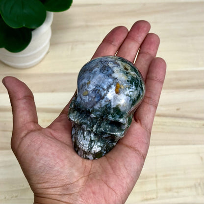 Moss Agate Skull Carving, 12.6 oz.