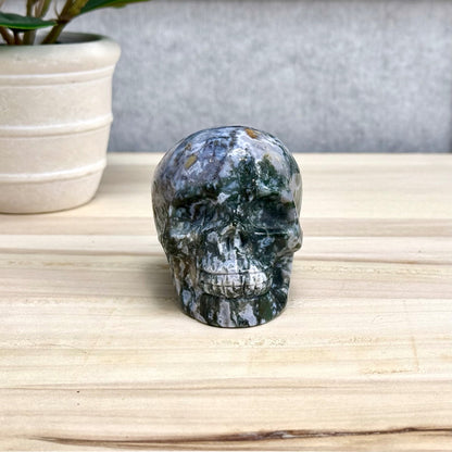 Moss Agate Skull Carving, 12.6 oz.