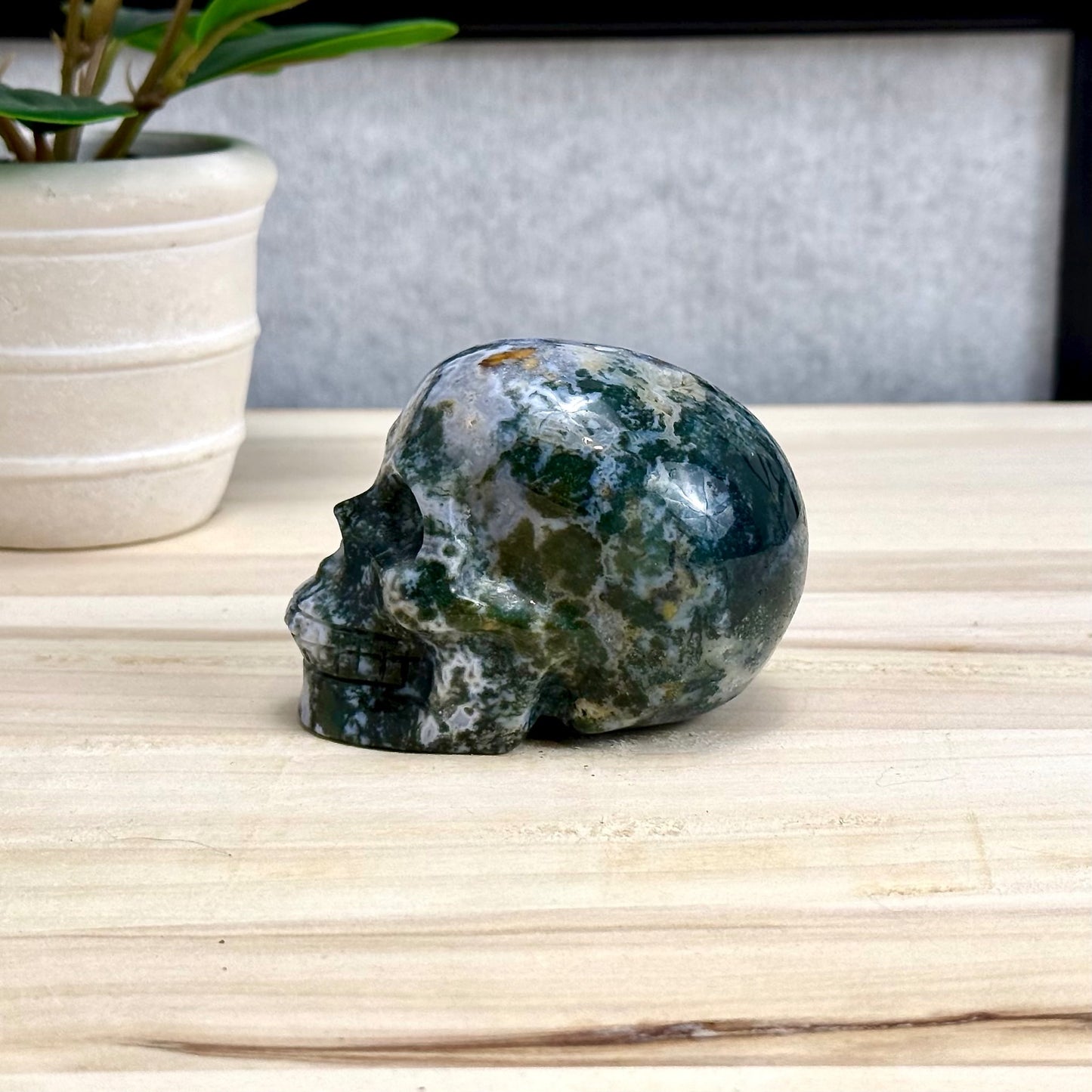 Moss Agate Skull Carving, 12.6 oz.