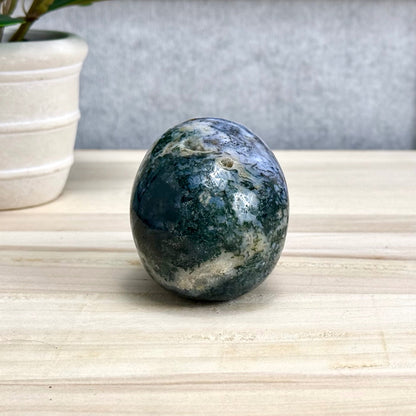 Moss Agate Skull Carving, 12.6 oz.