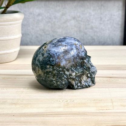 Moss Agate Skull Carving, 12.6 oz.