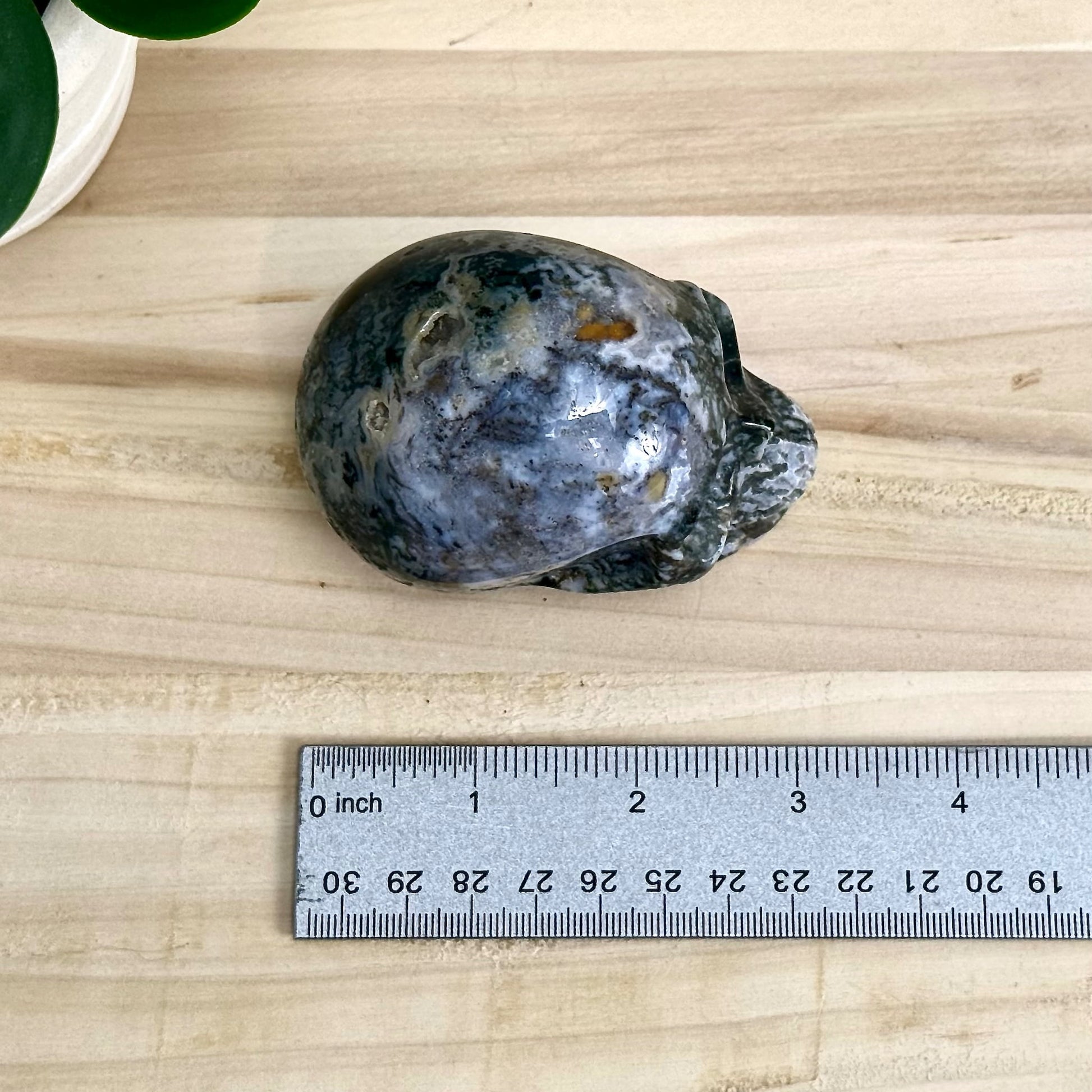 Moss Agate Skull Carving, 12.6 oz.