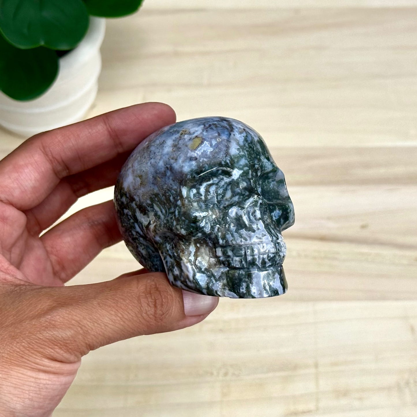 Moss Agate Skull Carving, 12.6 oz.