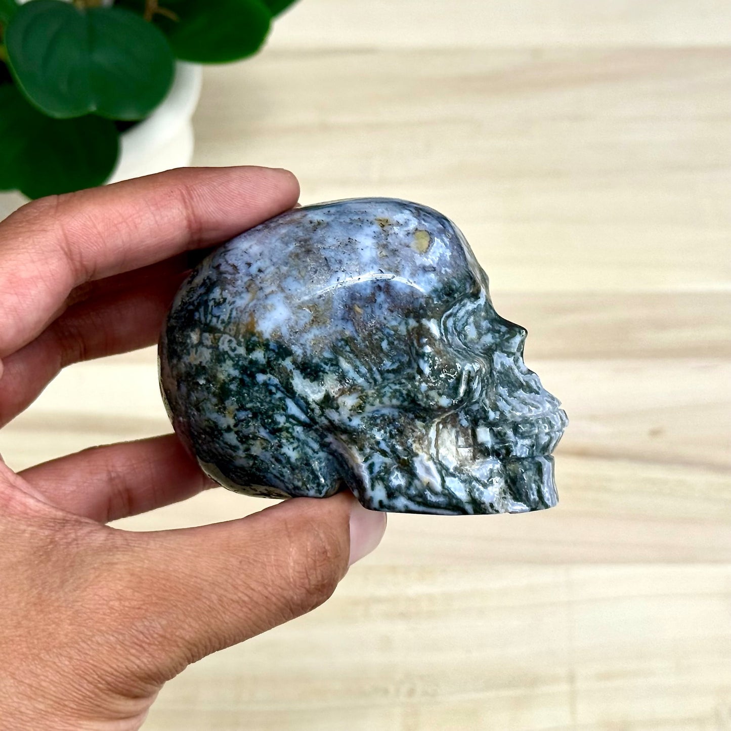 Moss Agate Skull Carving, 12.6 oz.
