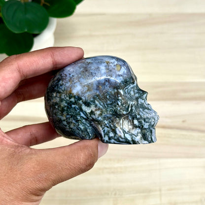Moss Agate Skull Carving, 12.6 oz.