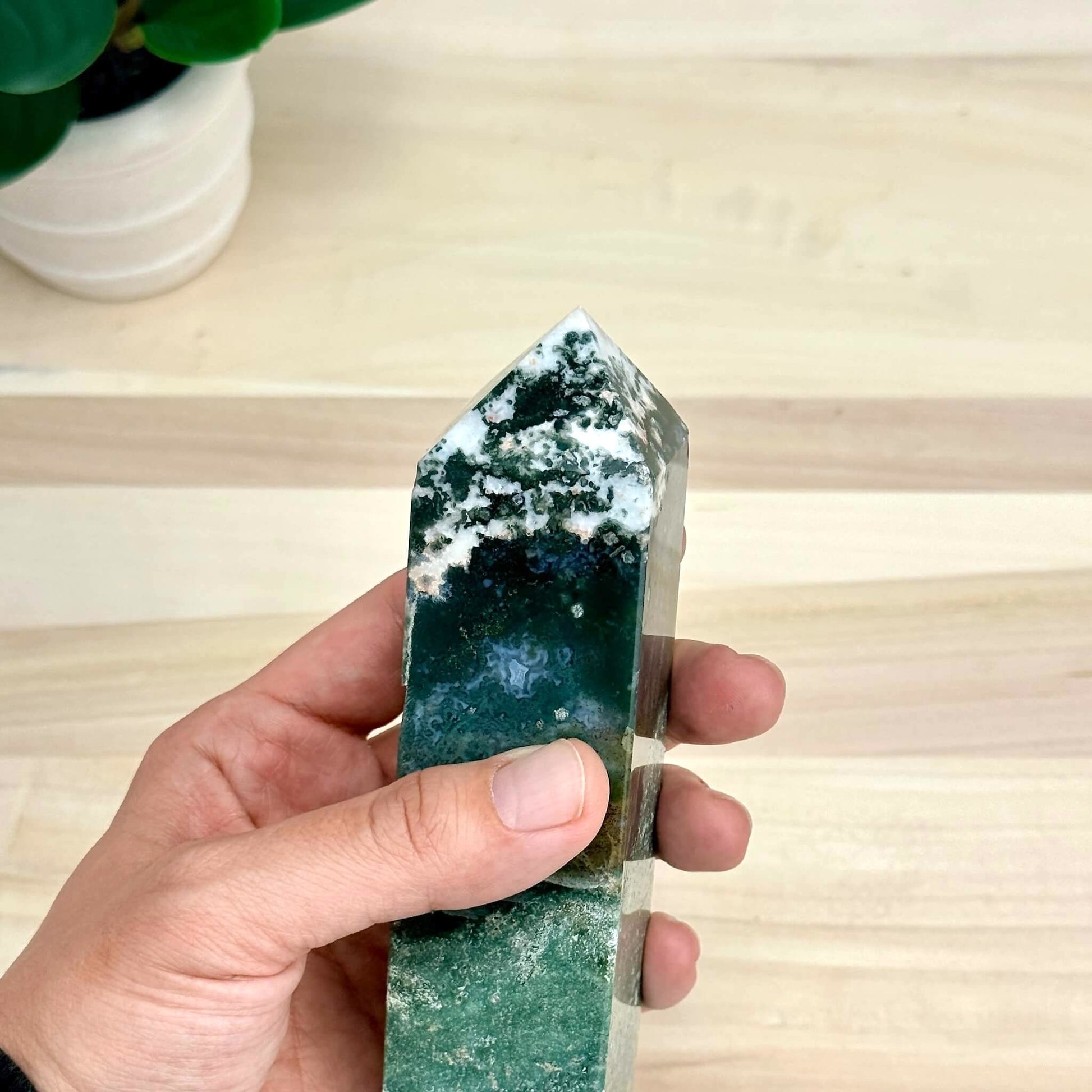 Moss Agate Tower, Imperfect, 5.98 in. - Itsy's Crystal Cove LLC