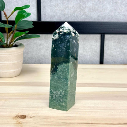 Moss Agate Tower, Imperfect, 5.98 in. - Itsy's Crystal Cove LLC