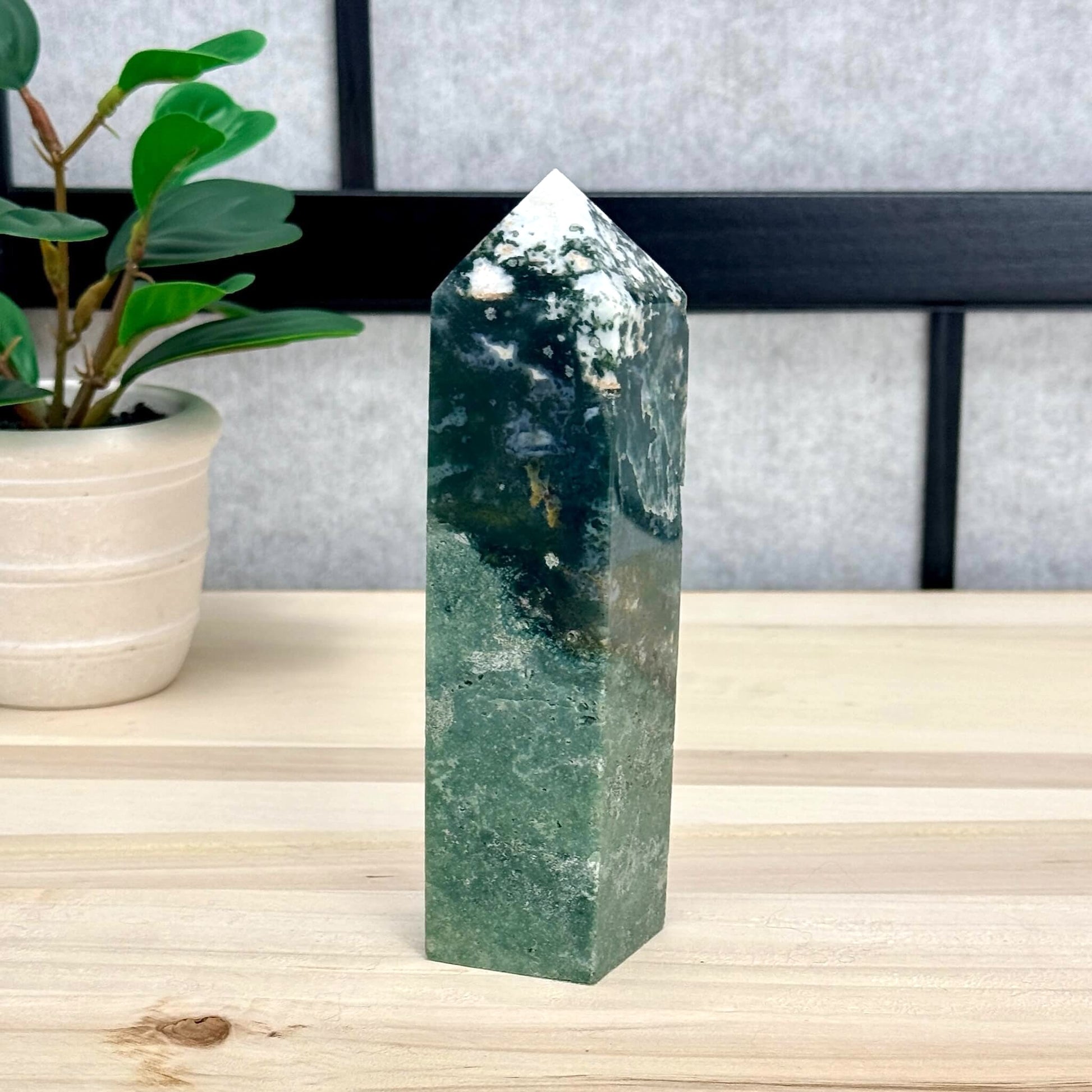 Moss Agate Tower, Imperfect, 5.98 in. - Itsy's Crystal Cove LLC