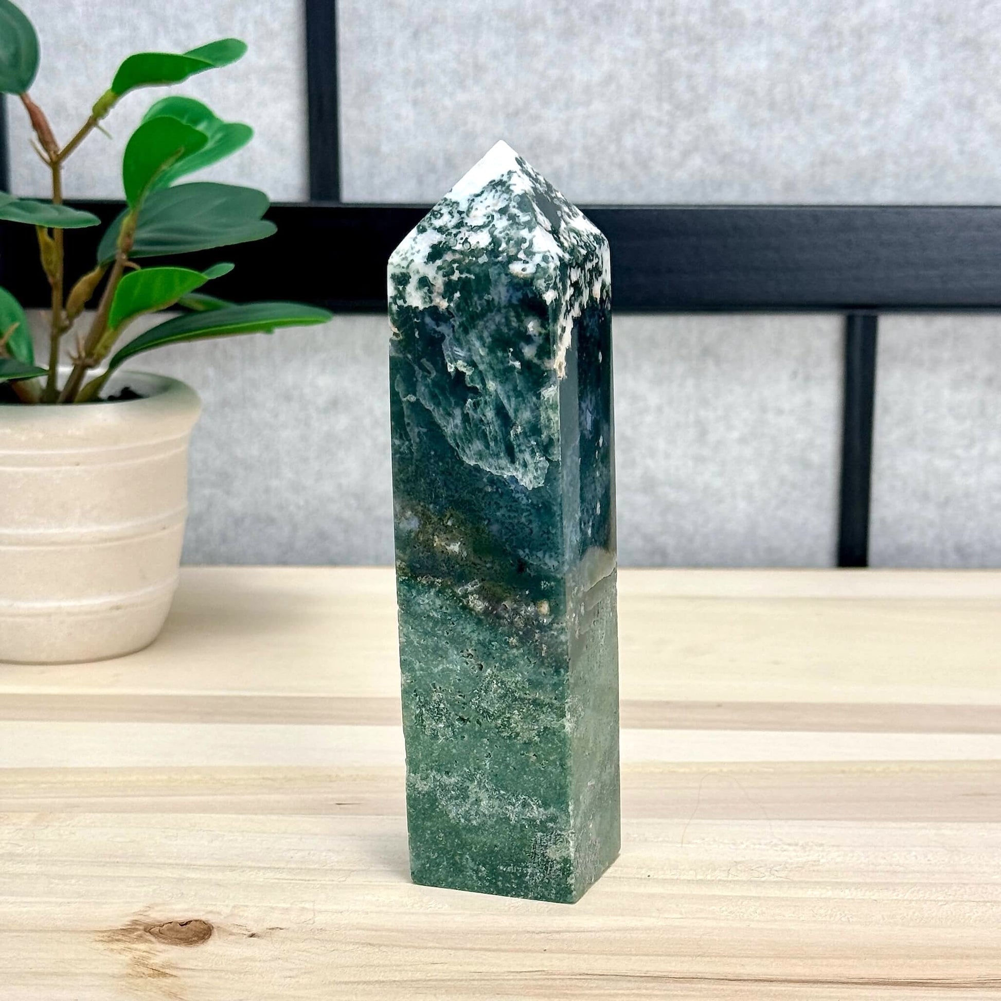 Moss Agate Tower, Imperfect, 5.98 in. - Itsy's Crystal Cove LLC