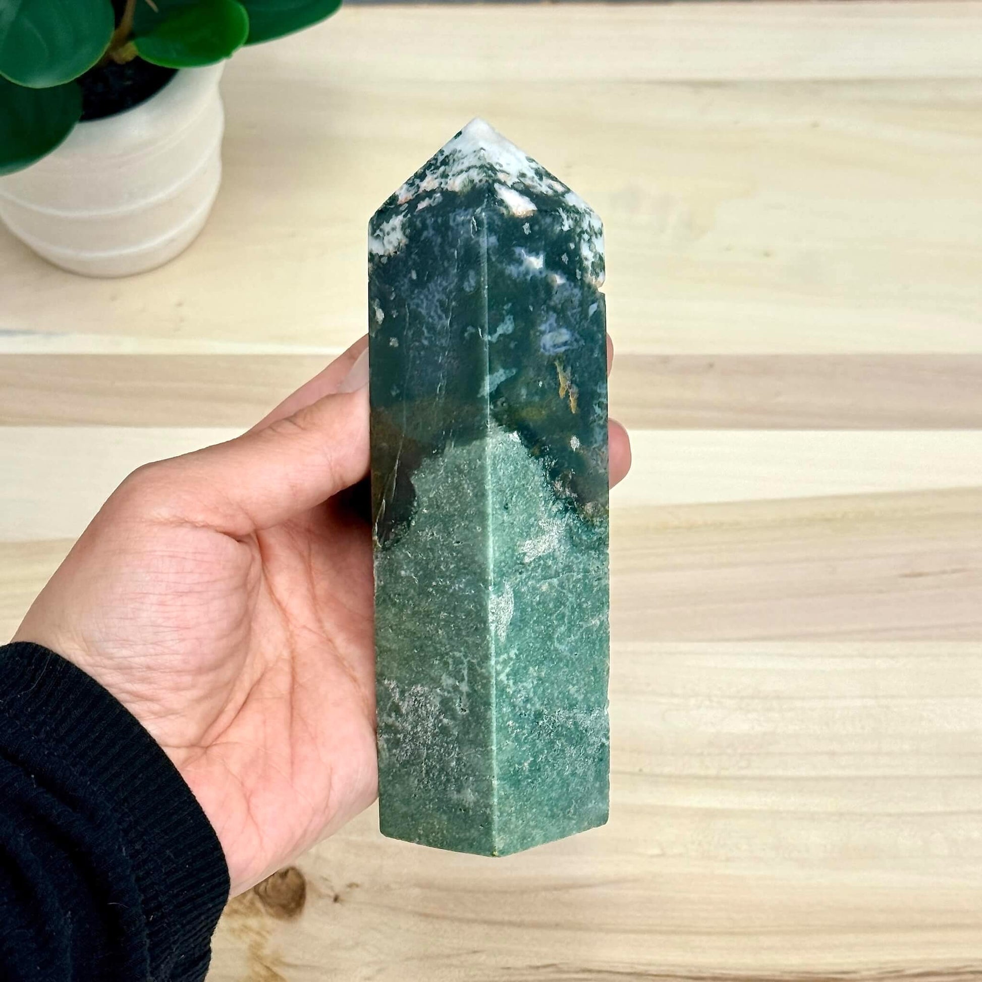 Moss Agate Tower, Imperfect, 5.98 in. - Itsy's Crystal Cove LLC