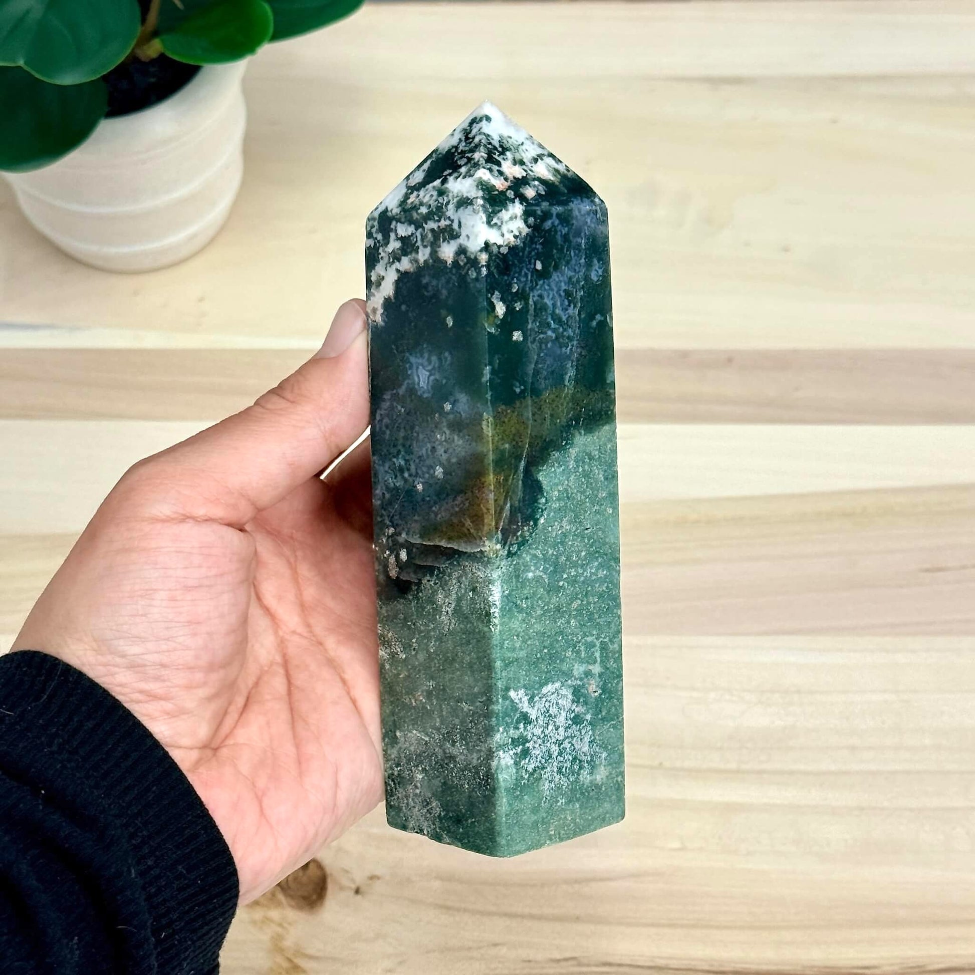 Moss Agate Tower, Imperfect, 5.98 in. - Itsy's Crystal Cove LLC
