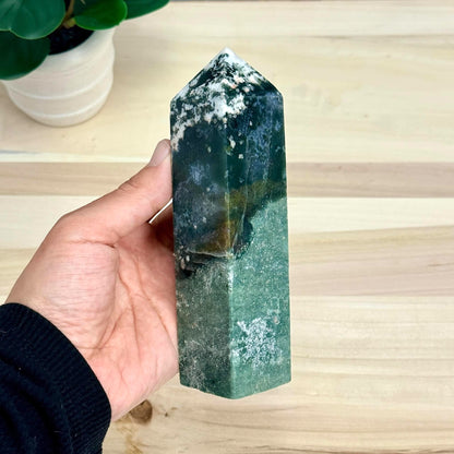 Moss Agate Tower, Imperfect, 5.98 in. - Itsy's Crystal Cove LLC