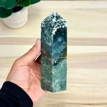 Moss Agate Tower, Imperfect, 5.98 in. - Itsy's Crystal Cove LLC