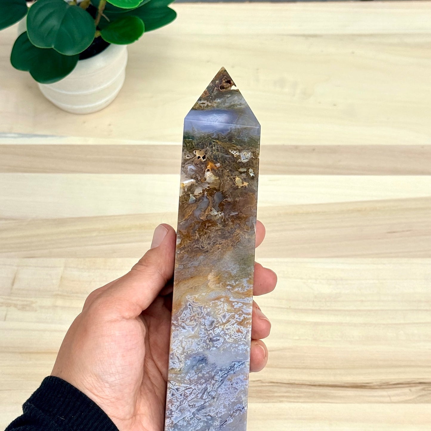 Moss Agate Tower, Imperfect, 9.63 in. - Itsy's Crystal Cove LLC