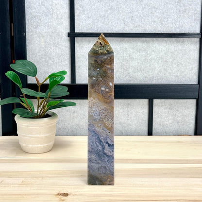 Moss Agate Tower, Imperfect, 9.63 in. - Itsy's Crystal Cove LLC