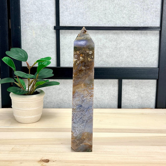 Moss Agate Tower, Imperfect, 9.63 in. - Itsy's Crystal Cove LLC