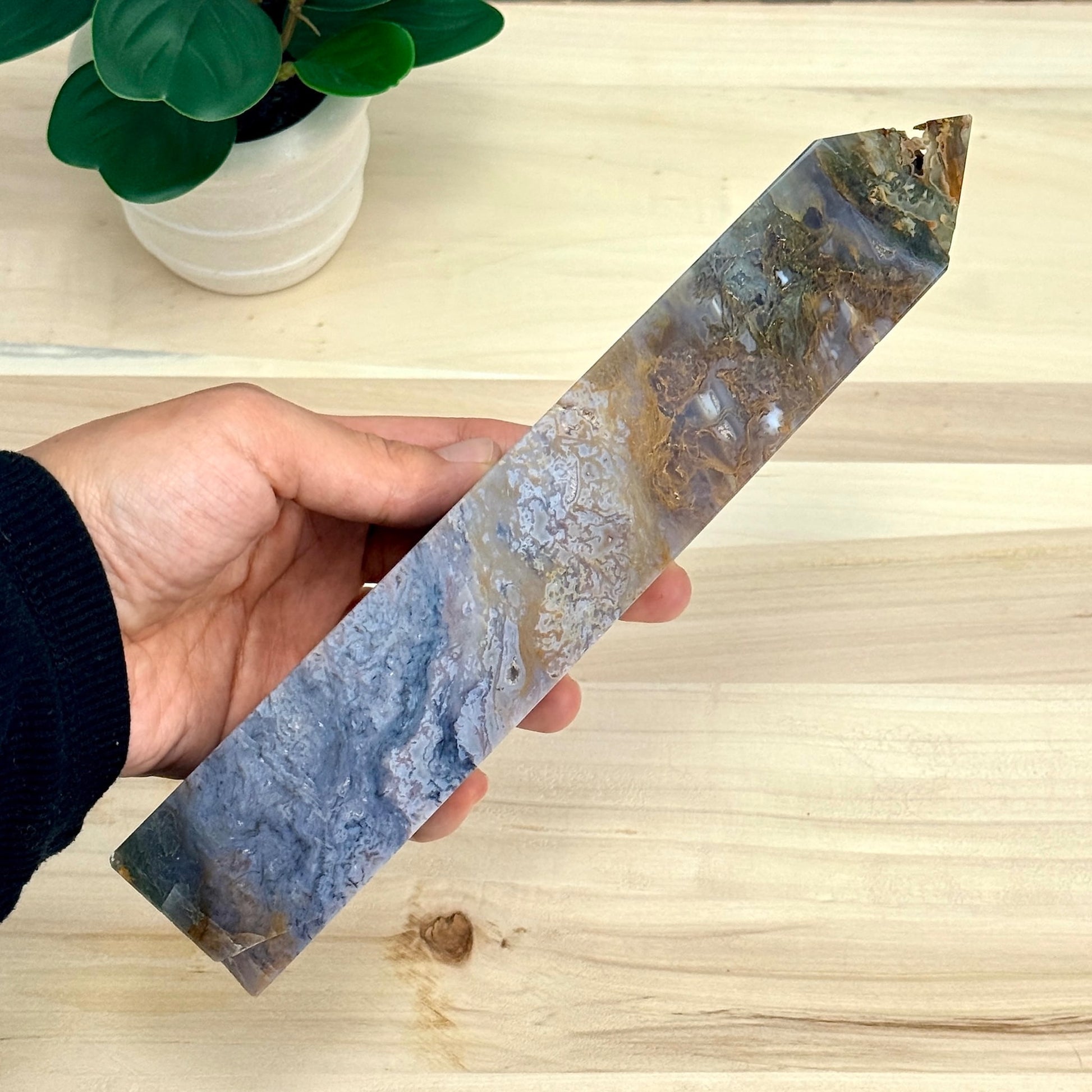 Moss Agate Tower, Imperfect, 9.63 in. - Itsy's Crystal Cove LLC