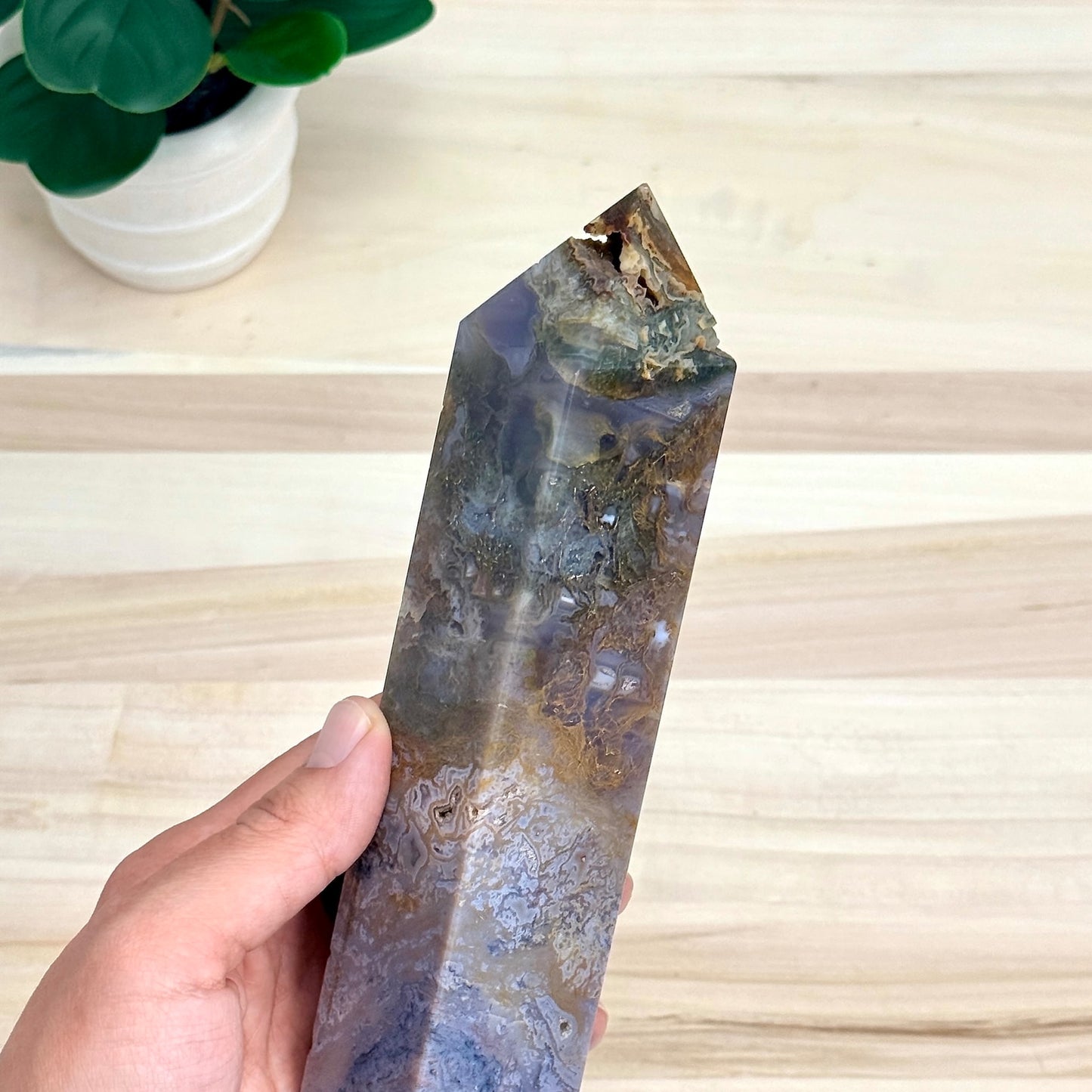 Moss Agate Tower, Imperfect, 9.63 in. - Itsy's Crystal Cove LLC