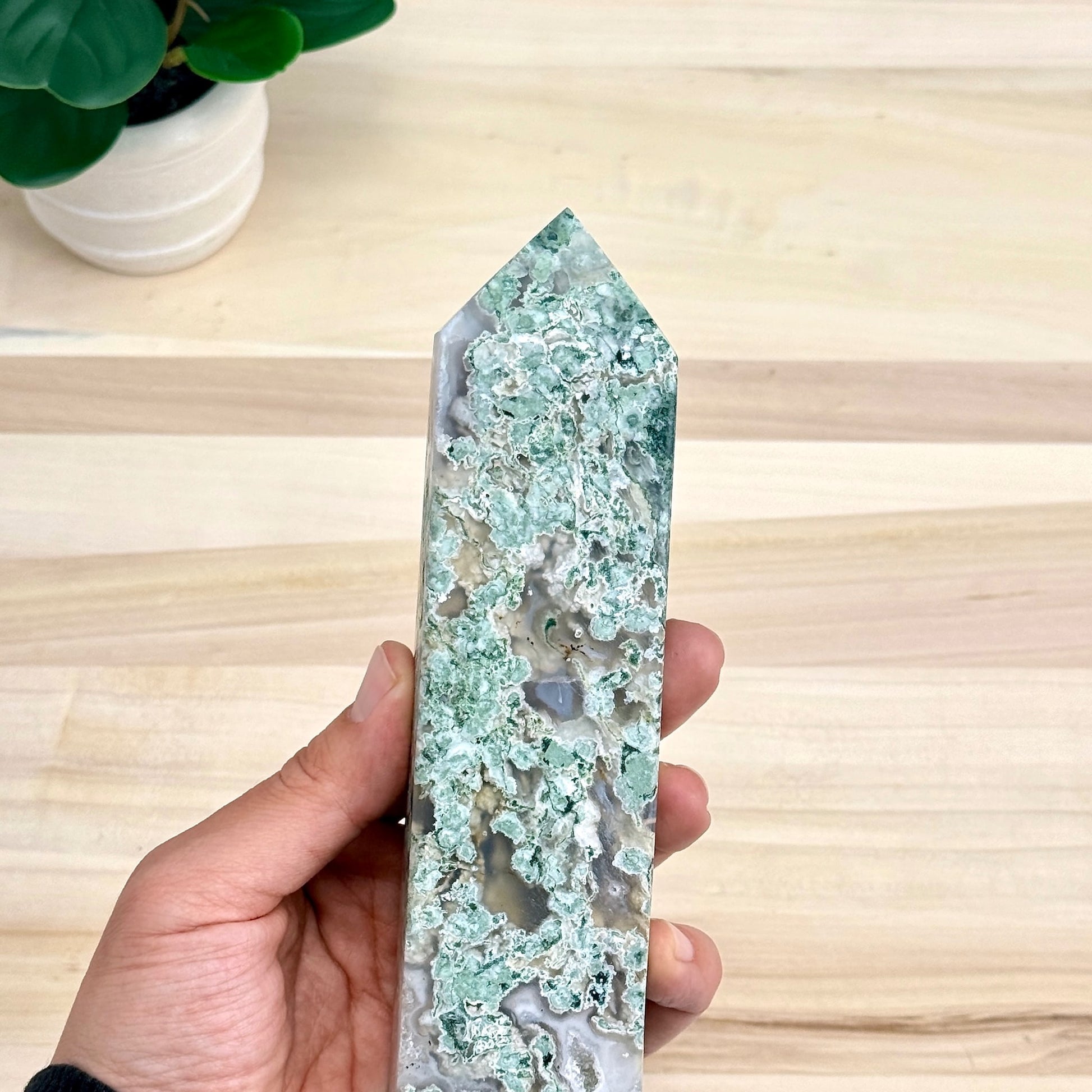 Moss Agate Tower, 7.5 in. - Itsy's Crystal Cove LLC