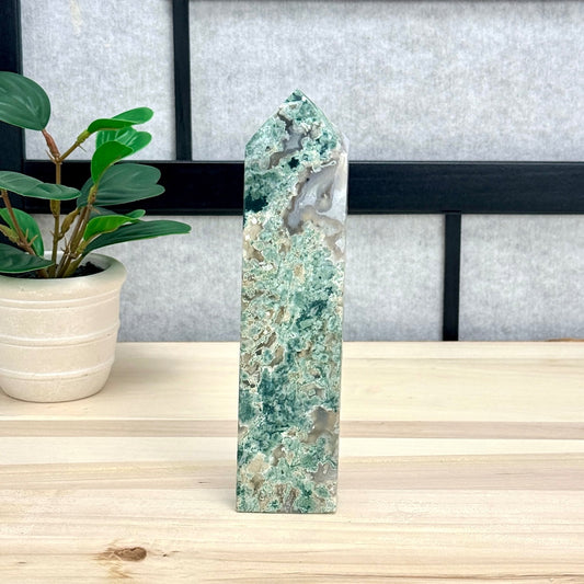 Moss Agate Tower, 7.5 in. - Itsy's Crystal Cove LLC