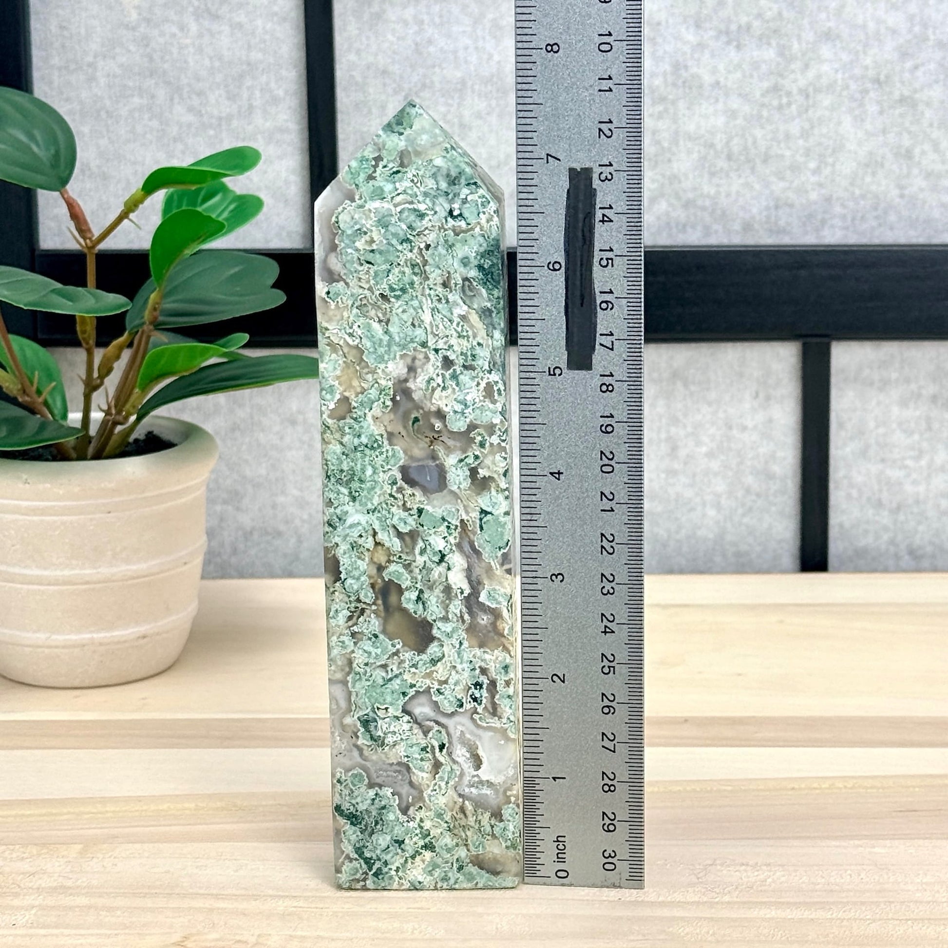 Moss Agate Tower, 7.5 in. - Itsy's Crystal Cove LLC