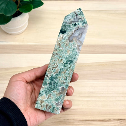 Moss Agate Tower, 7.5 in. - Itsy's Crystal Cove LLC