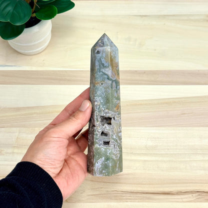Moss Agate Tower, 6.63 in. - Itsy's Crystal Cove LLC