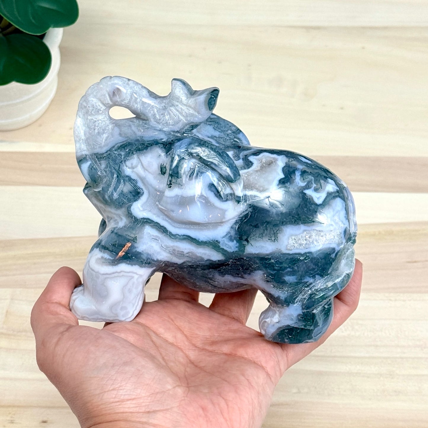 Moss Agate Elephant Carving, 41 oz. - Itsy's Crystal Cove LLC