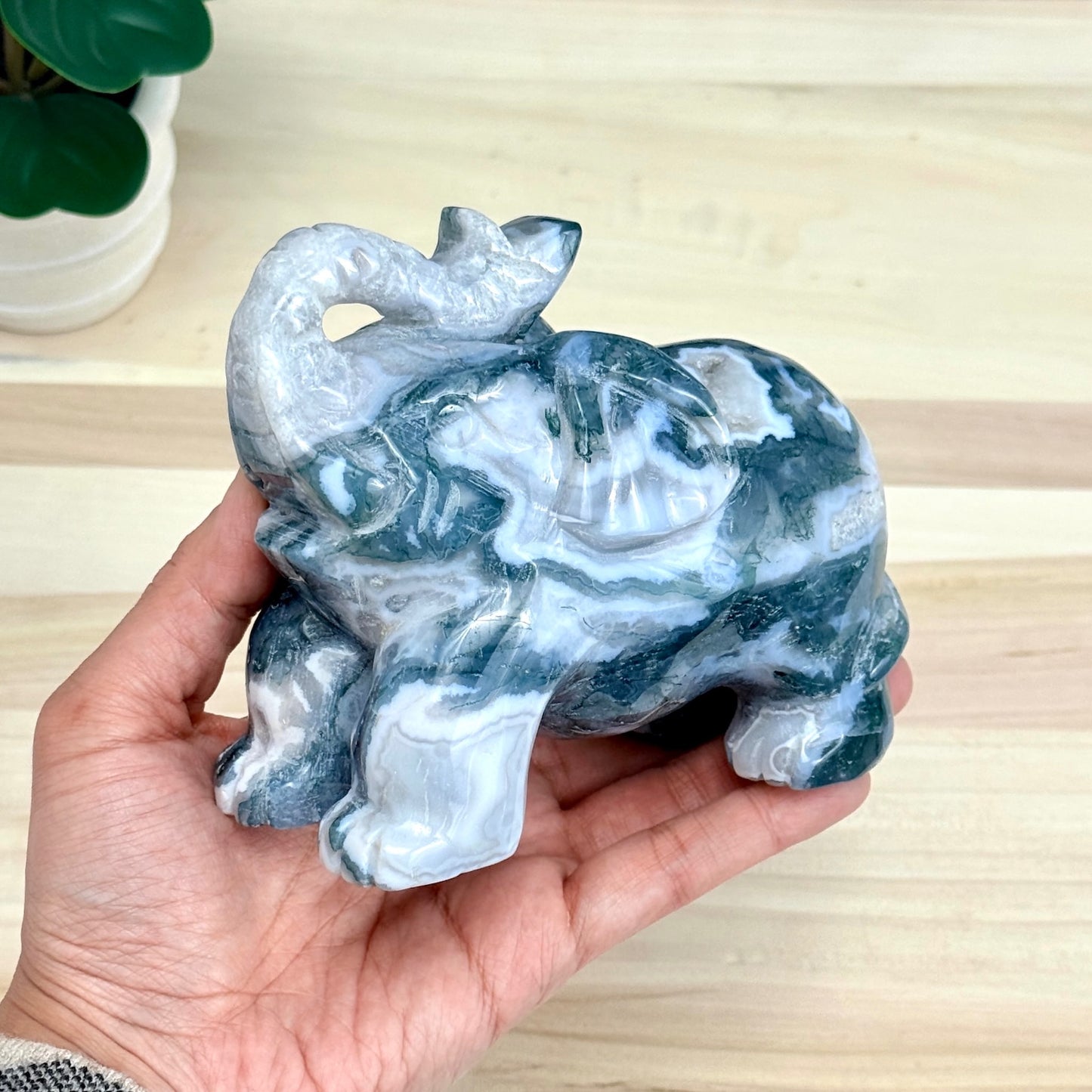 Moss Agate Elephant Carving, 41 oz. - Itsy's Crystal Cove LLC