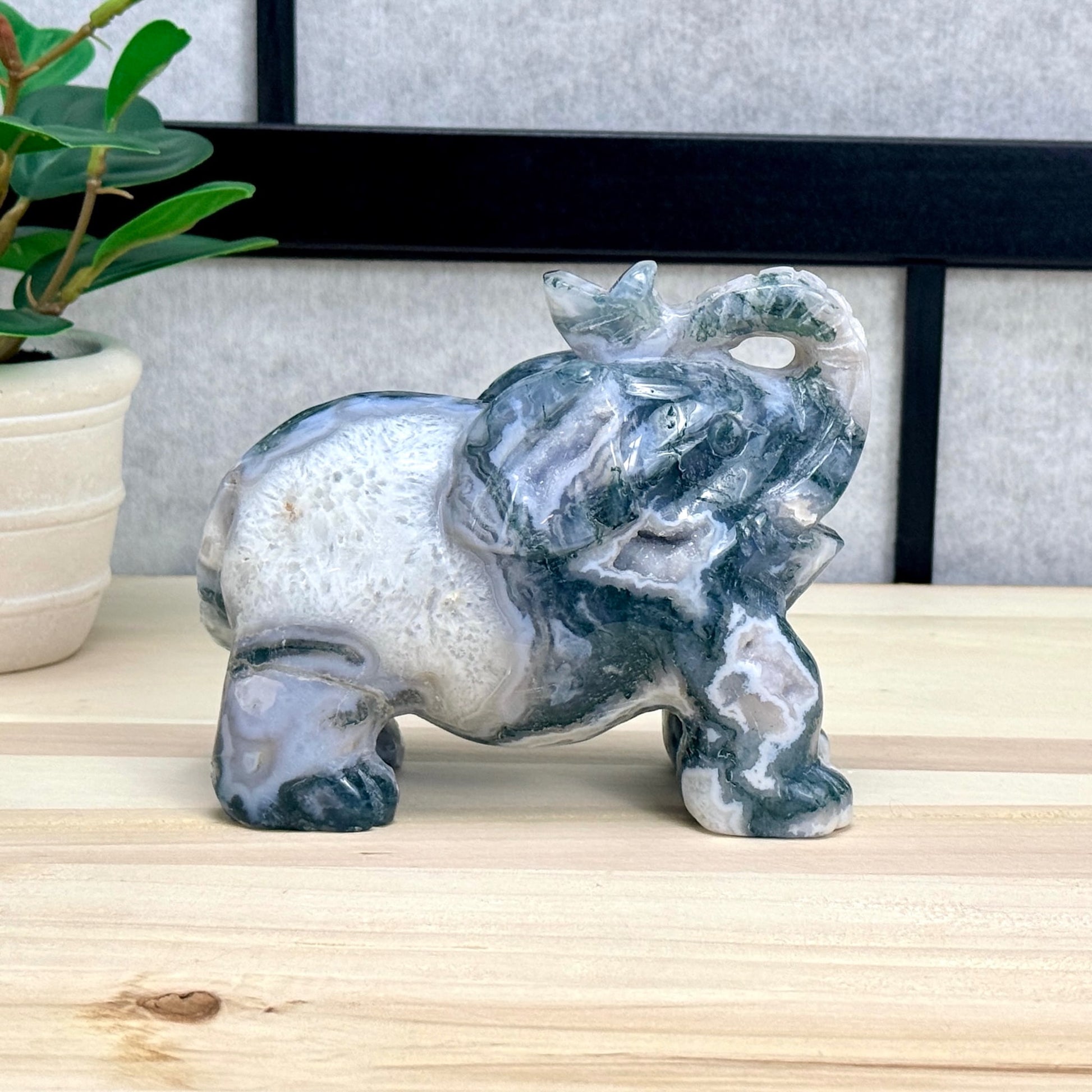Moss Agate Elephant Carving, 41 oz. - Itsy's Crystal Cove LLC