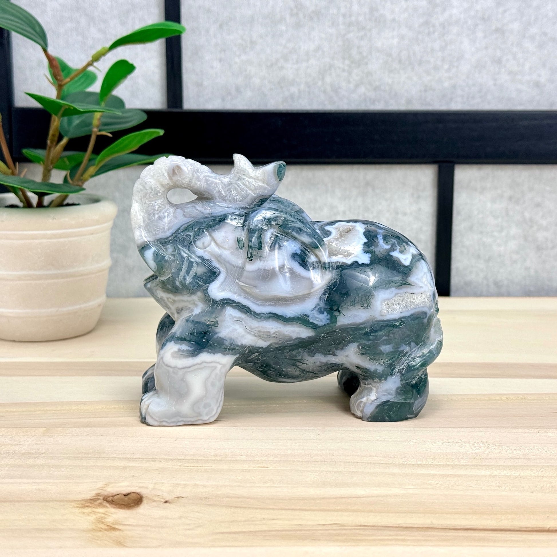 Moss Agate Elephant Carving, 41 oz. - Itsy's Crystal Cove LLC