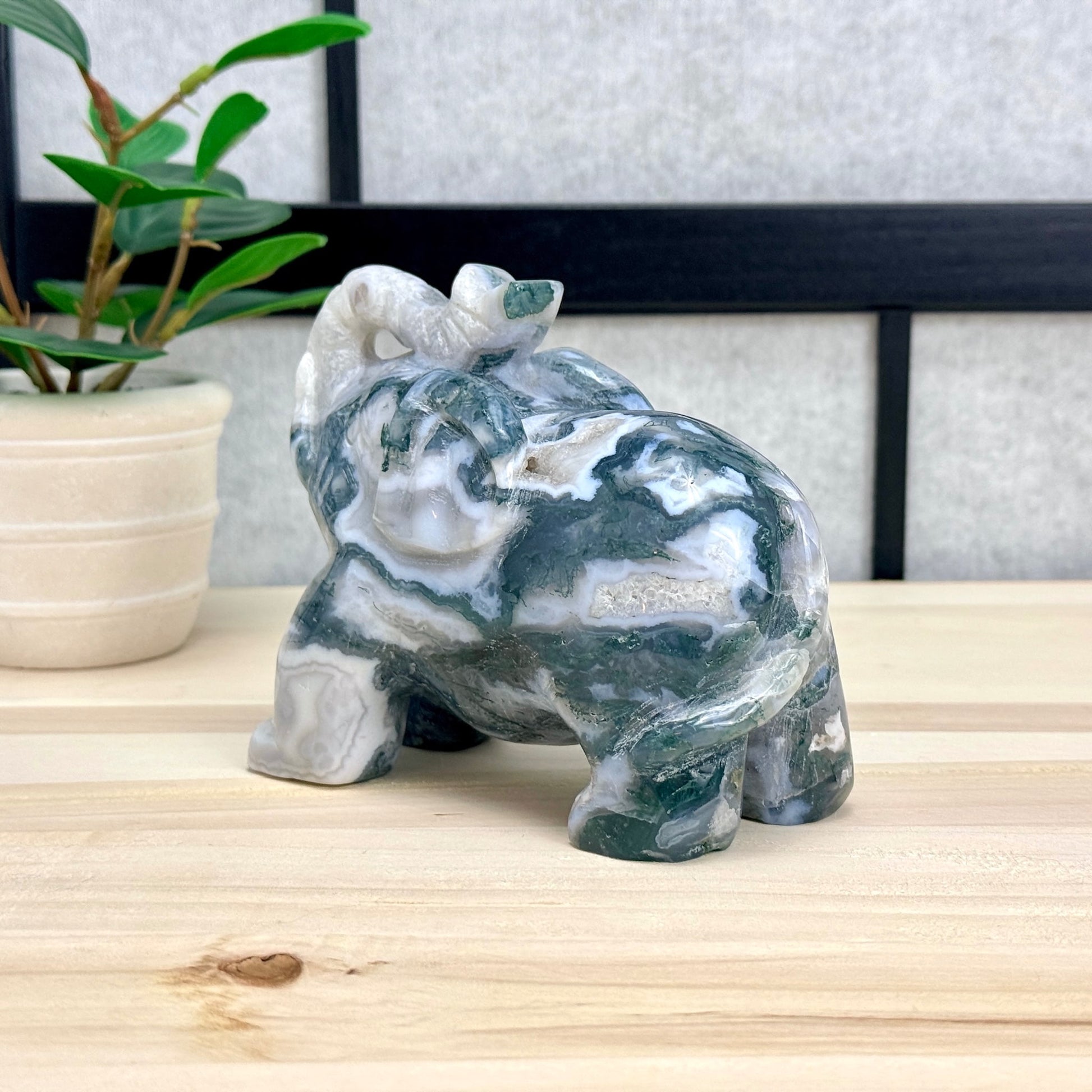 Moss Agate Elephant Carving, 41 oz. - Itsy's Crystal Cove LLC