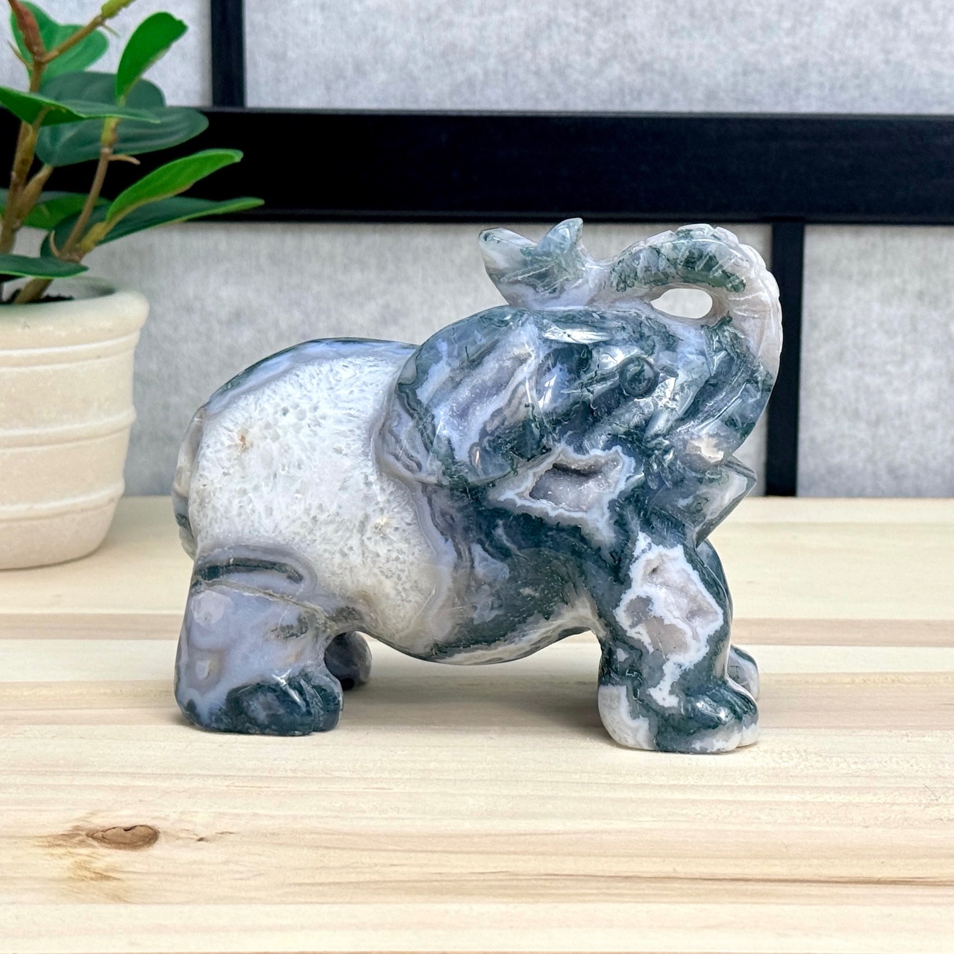 Moss Agate Elephant Carving, 41 oz. - Itsy's Crystal Cove LLC
