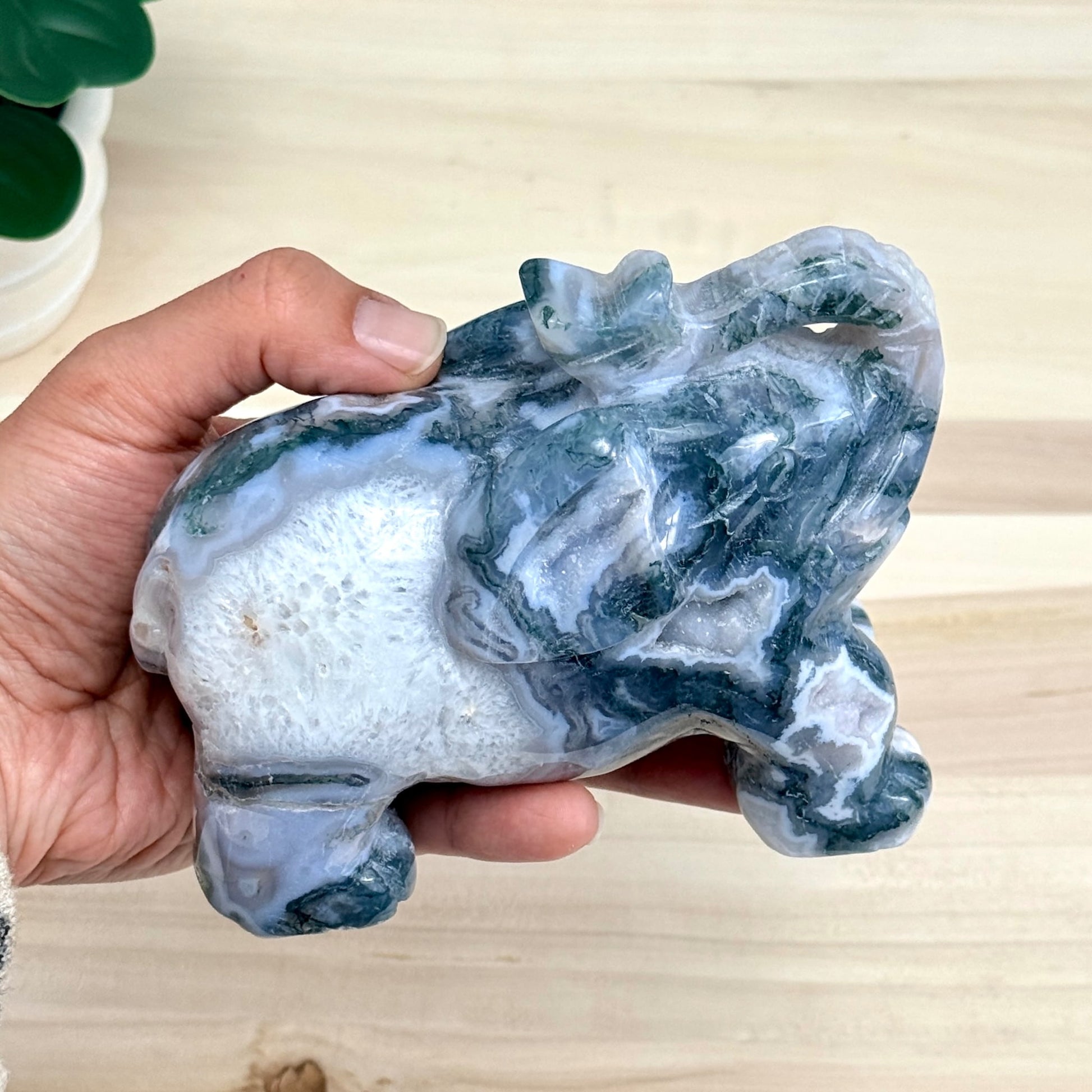 Moss Agate Elephant Carving, 41 oz. - Itsy's Crystal Cove LLC