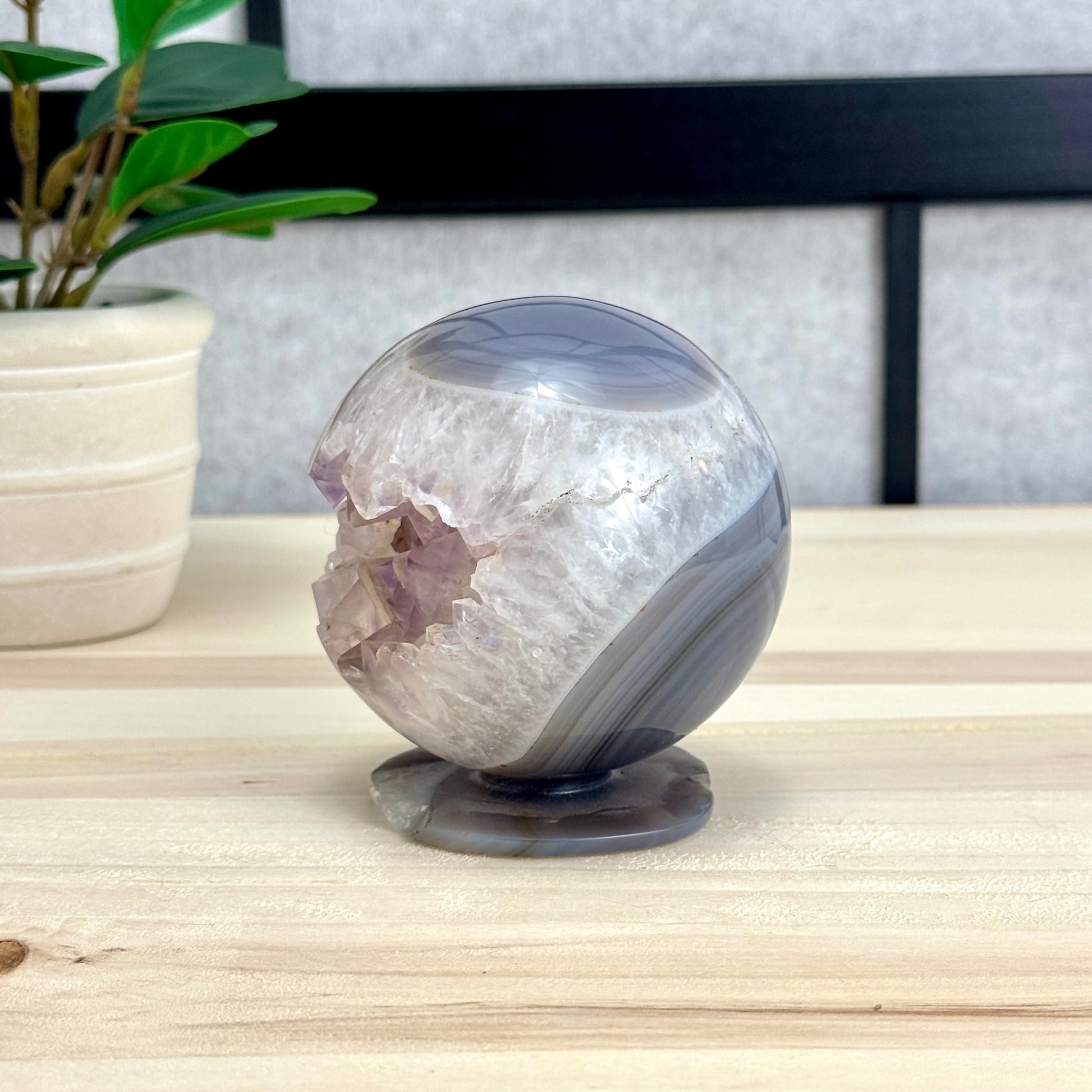 Drusy Amethyst in Agate Geode, Self - Standing Sphere - Itsy's Crystal Cove LLC
